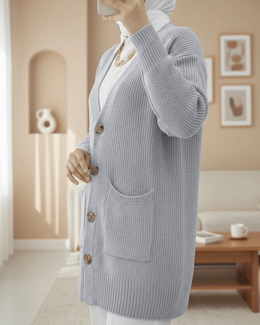 Grey Double Pocket Knit Cardigan - Podyumplus - by Peralane - photo 2