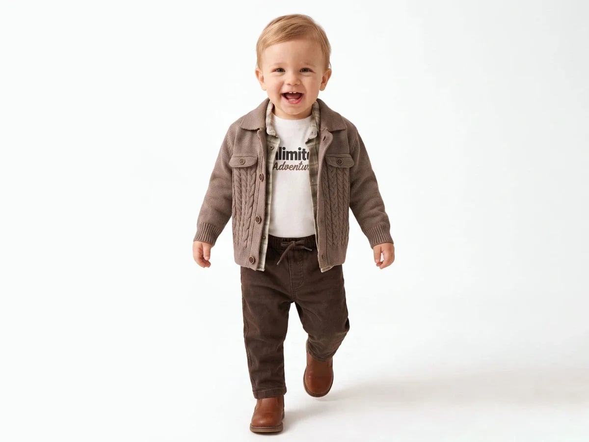 Boys' 4-Piece Knit Cardigan, Check Shirt, T-Shirt and Trousers Set in Brown - Canoz - by Peralane