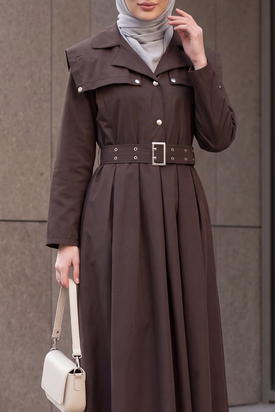 Half-Button Collared Side-Pocket Belted Cotton Satin Dress - Brown - Podyumplus - by Peralane