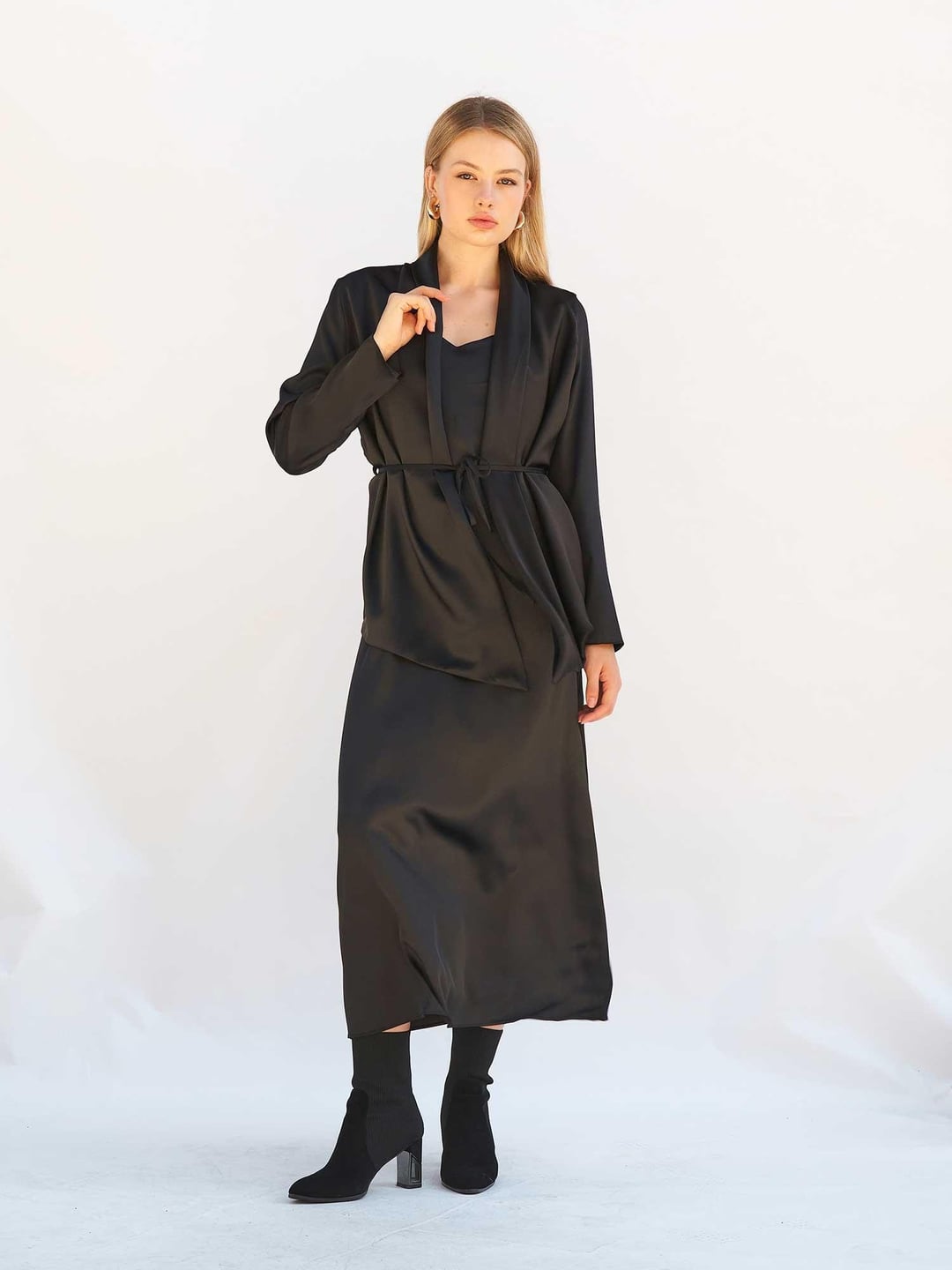 Black Satin Midi Dress and Jacket Set - Lefon - by Peralane - photo 2