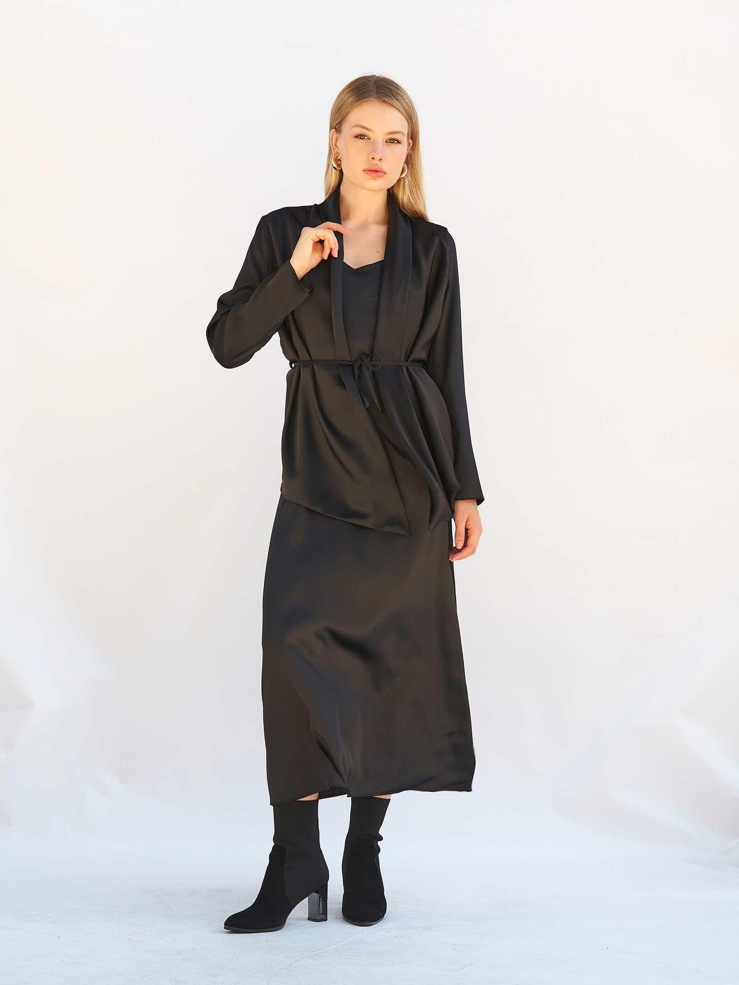 Black Satin Midi Dress and Jacket Set - Lefon - by Peralane - photo 2