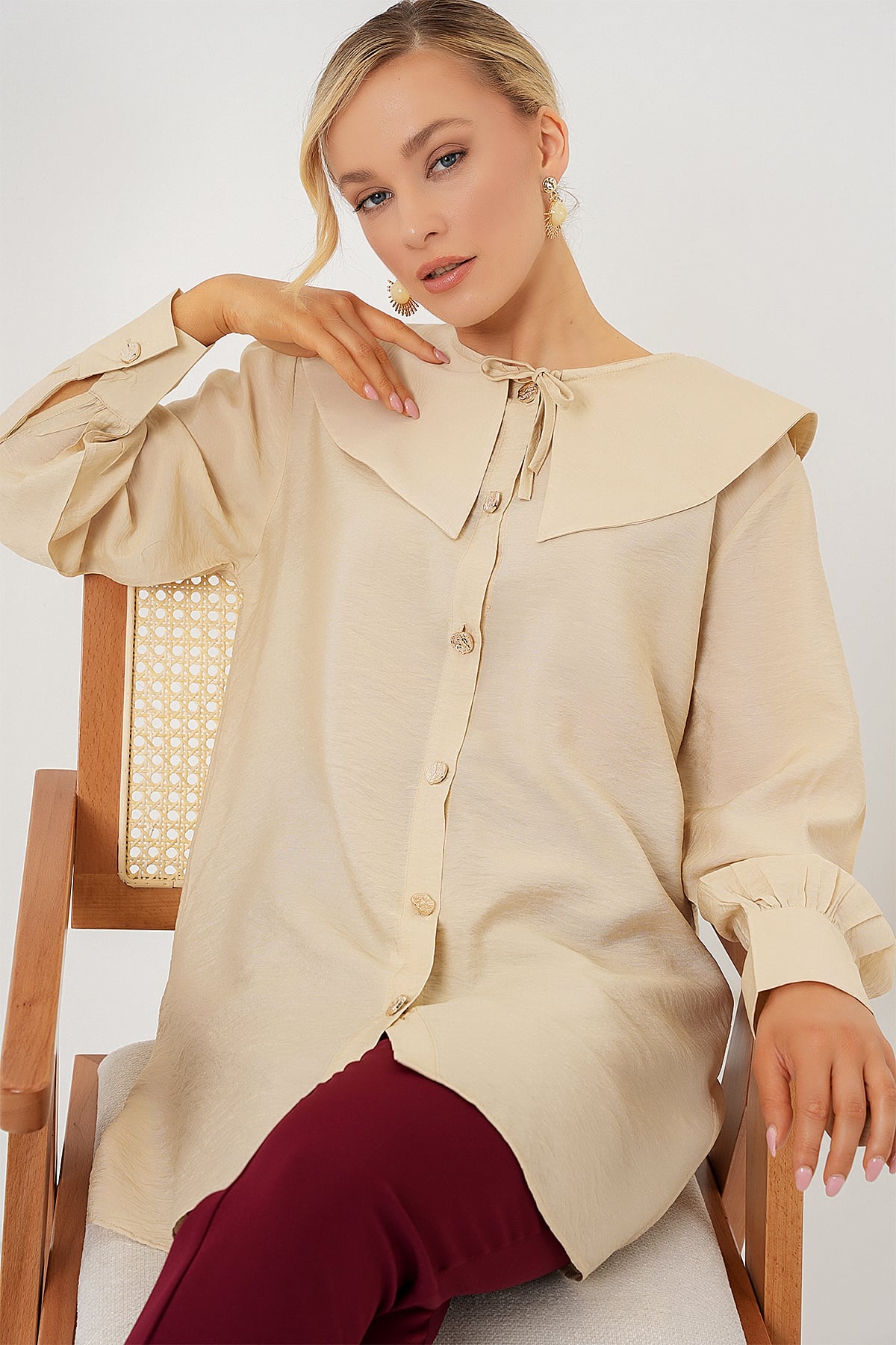 Women's Baby Collar Long Tunic - Cream - Bigdart - by Peralane