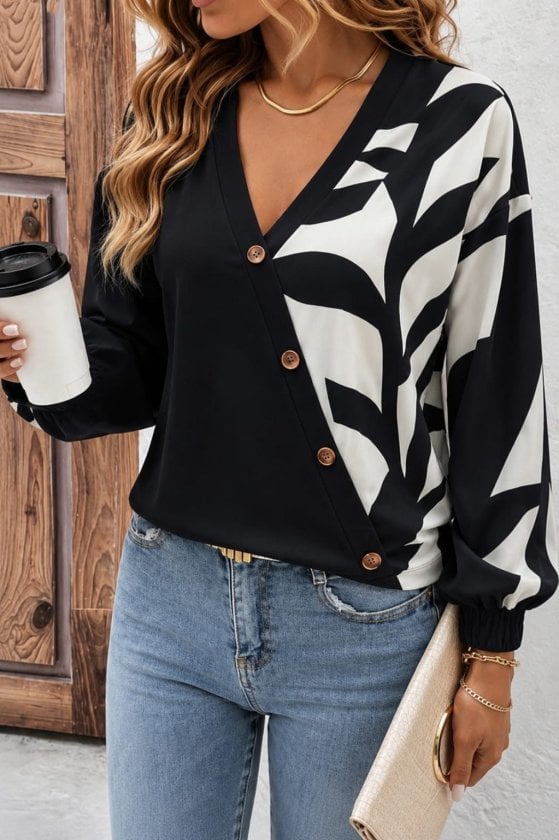 Women's Long-Sleeved V-Neck Printed Modal Blouse - Janes - by Peralane