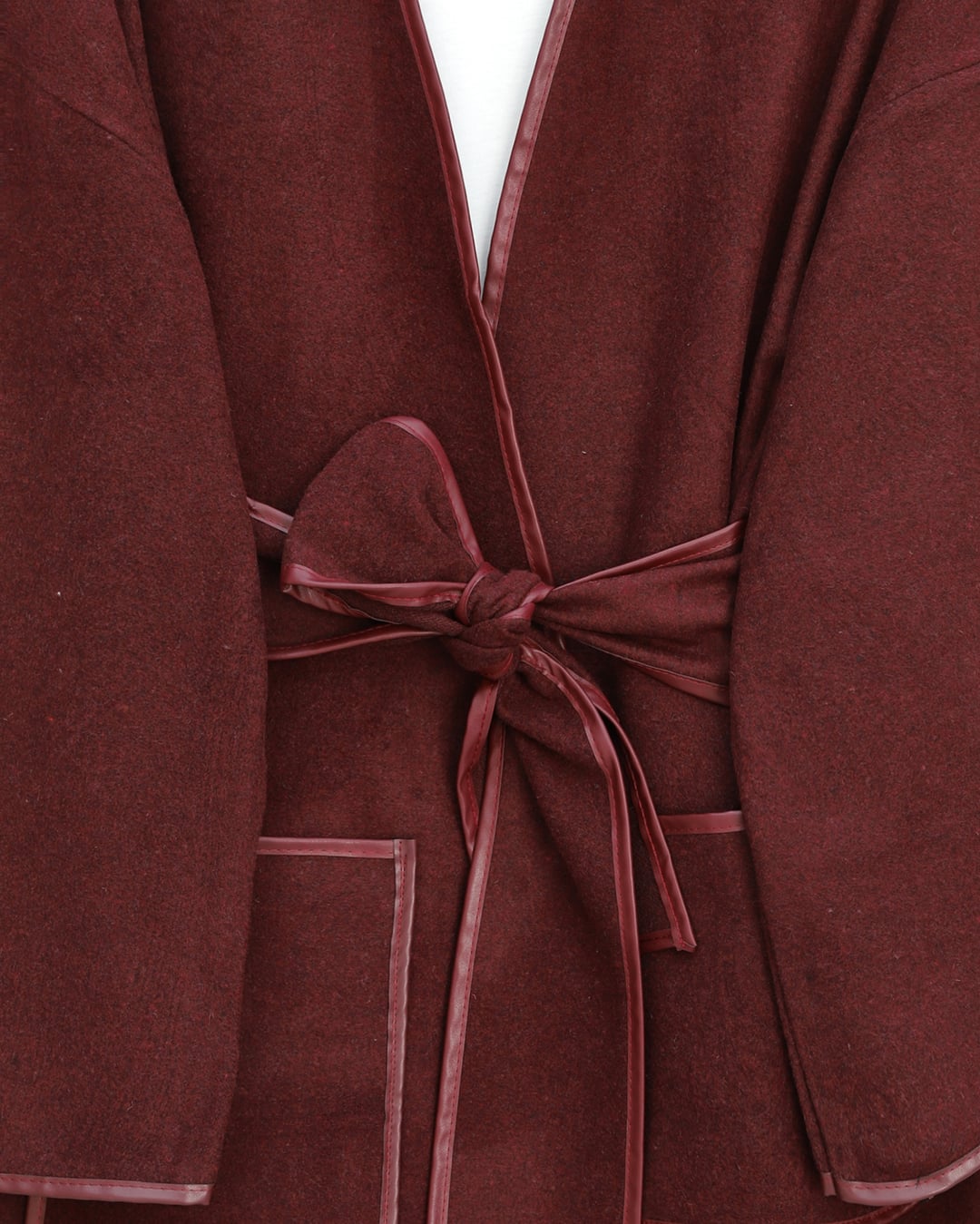 Piped Detail Double Pocket Belted Cashmere Kimono - Bordeaux - Podyumplus - by Peralane - photo 5