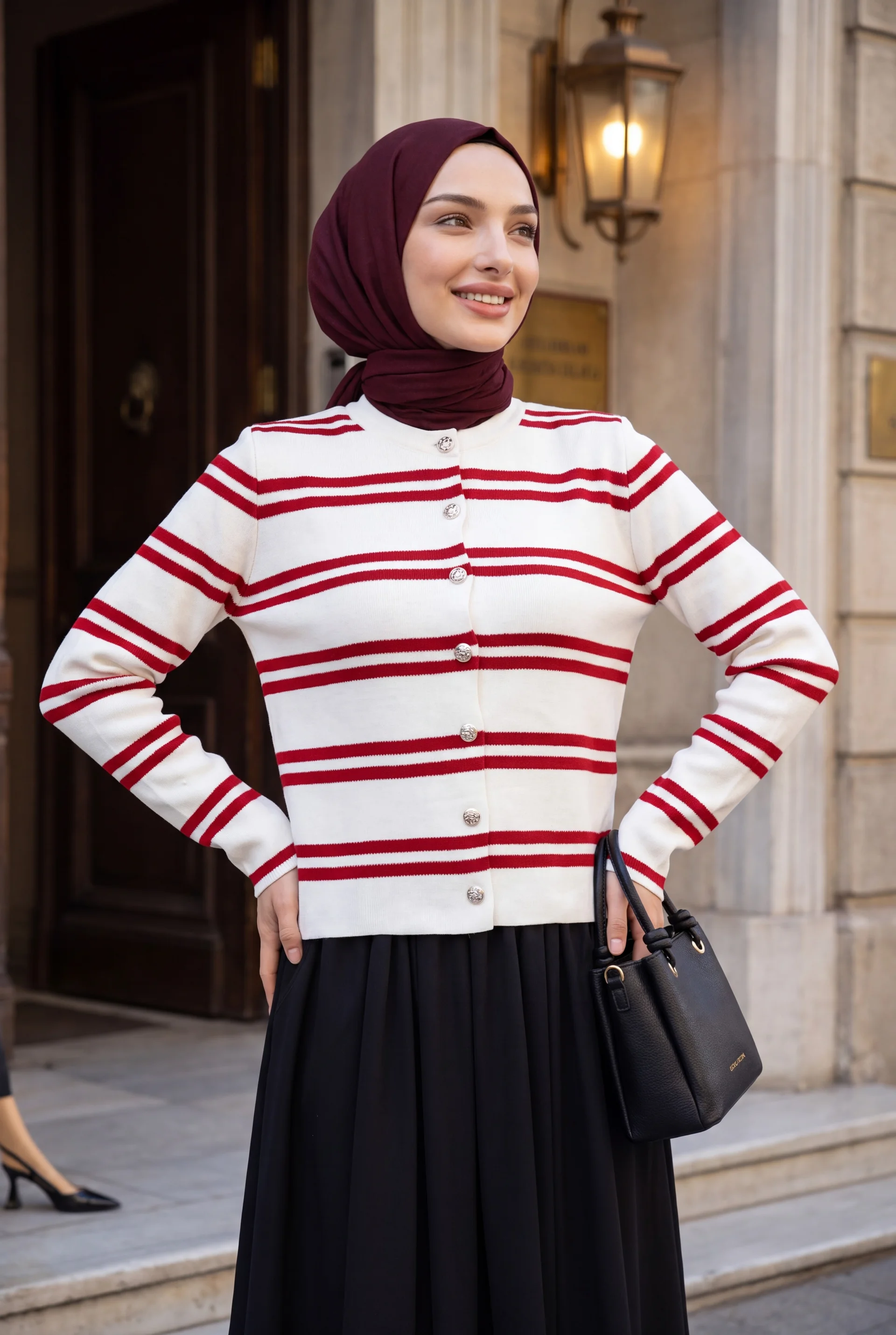 Striped Knit Cardigan with Shiny Buttons - Red - Podyumplus - by Peralane - photo 2