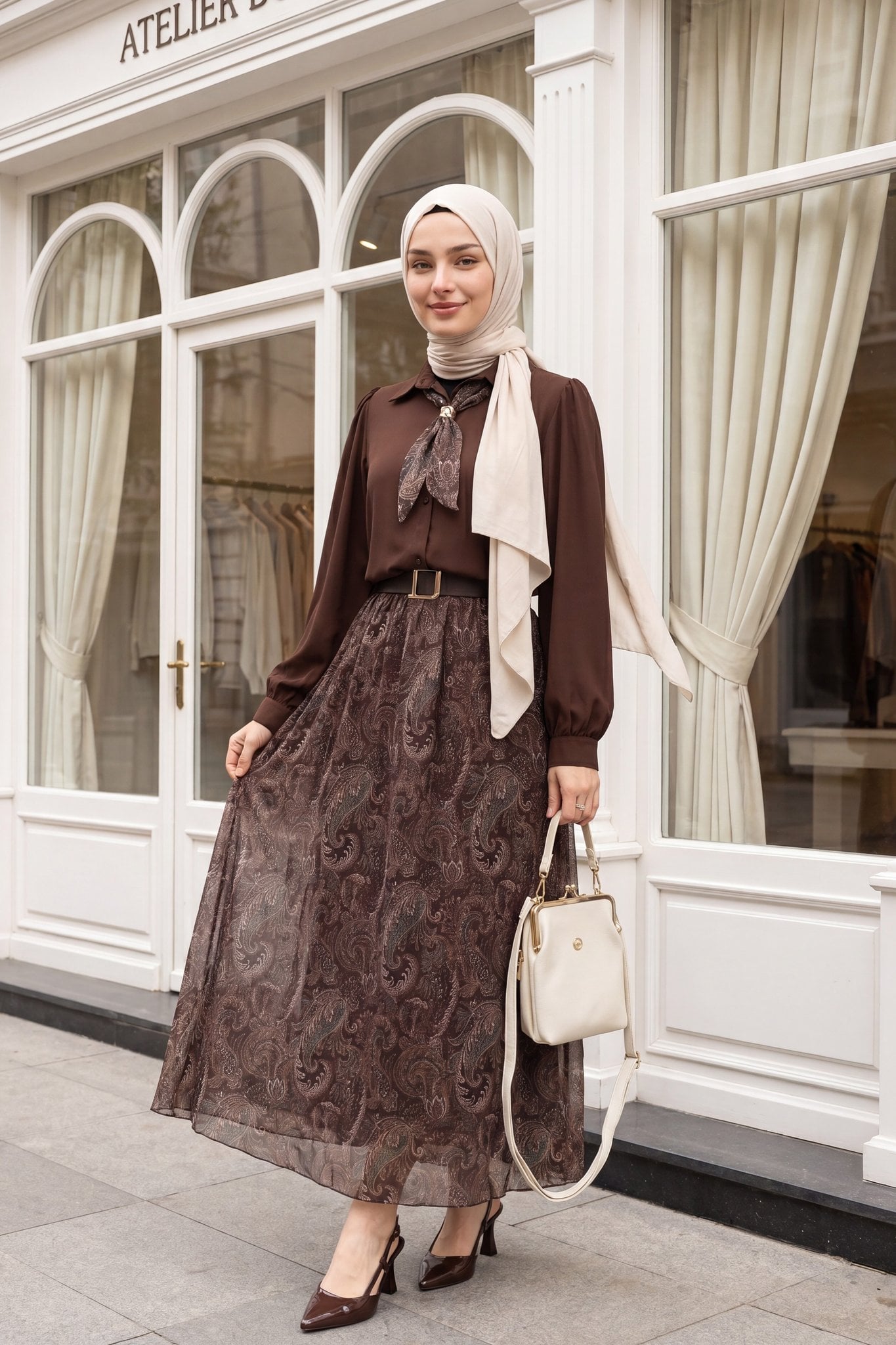 Full-Length Button Ethnic Print Two-Piece Set with Blouson Sleeves - Dark Brown - Podyumplus - by Peralane - photo 3