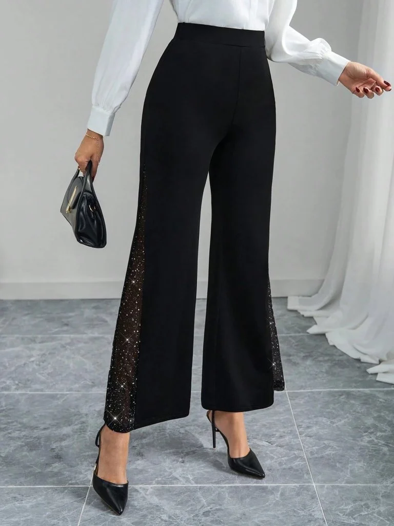 Women's High Waist Wide Leg Trousers with Tulle Side Details, Black - Janes - by Peralane - photo 5