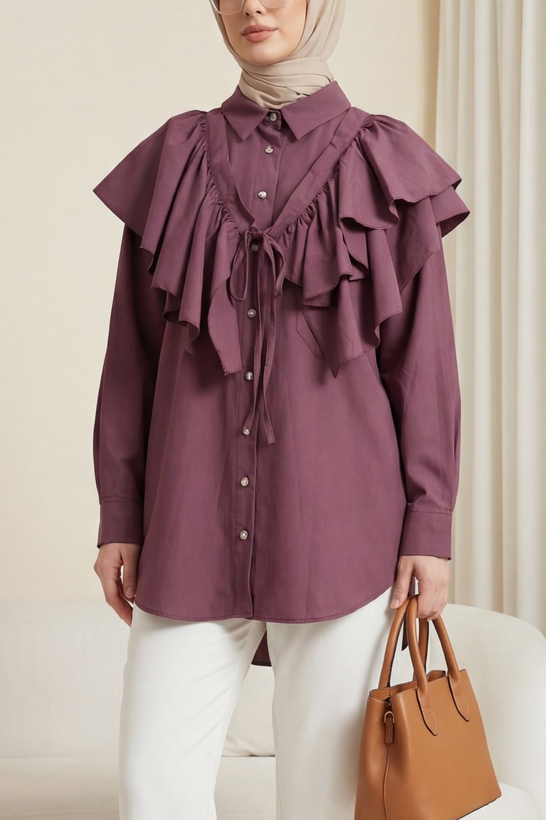 Cape Detail Buttoned Oval Cut Poplin Tunic - Cherry - Podyumplus - by Peralane - photo 3