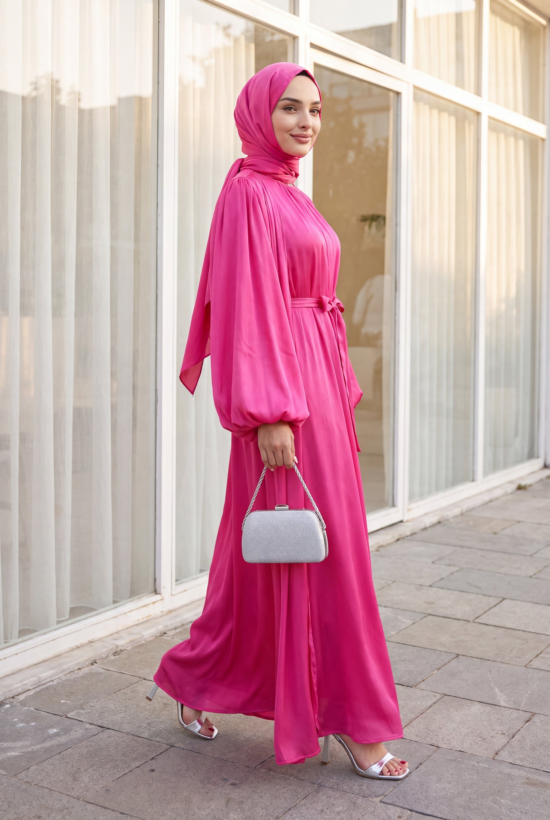 Krinkl Silk Satin 3-Piece Abaya Set - Fuchsia - Podyumplus - by Peralane - photo 5