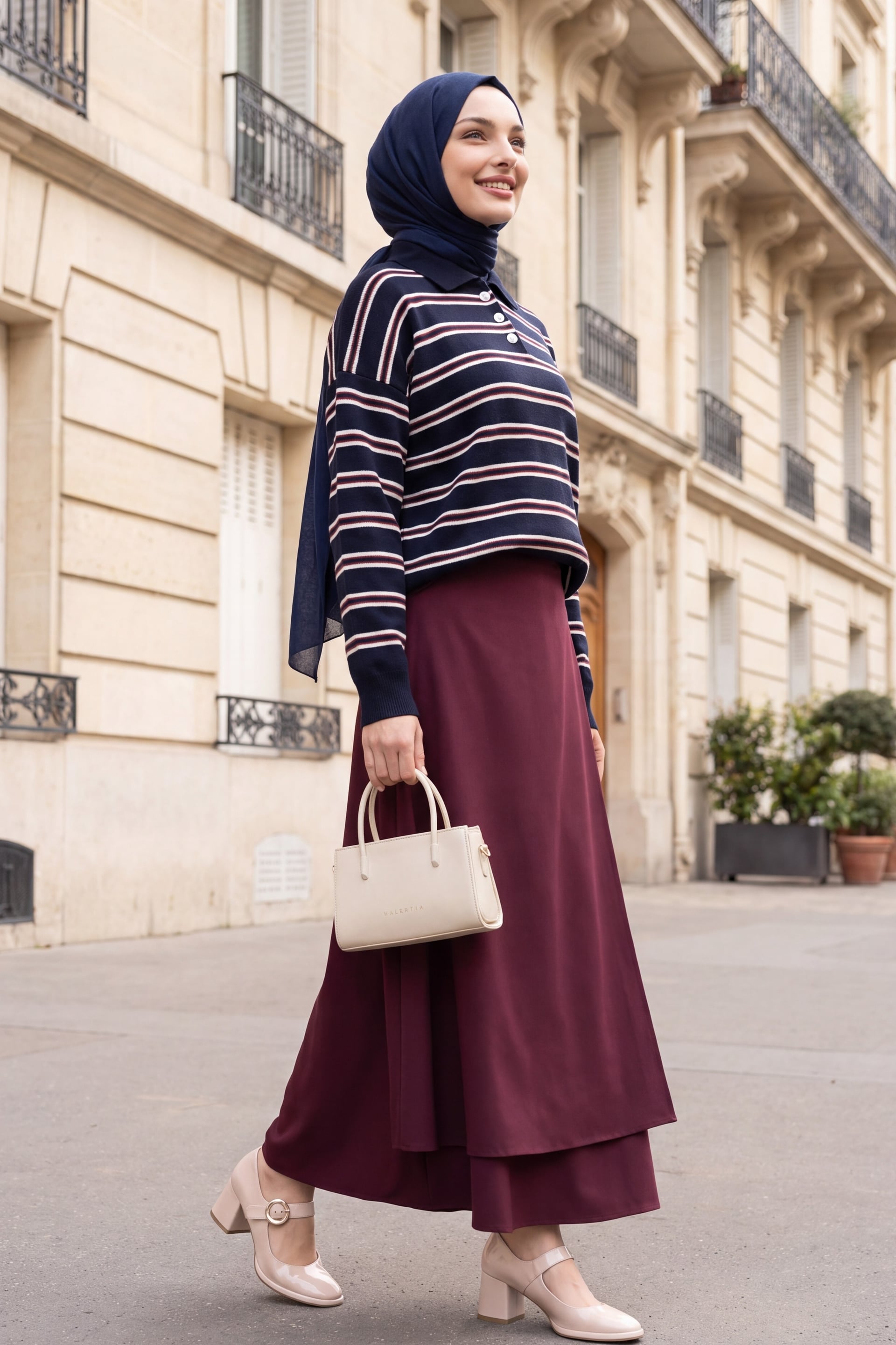 Navy Blue Striped Polo Neck Button Sweatshirt - Podyumplus - by Peralane - photo 3