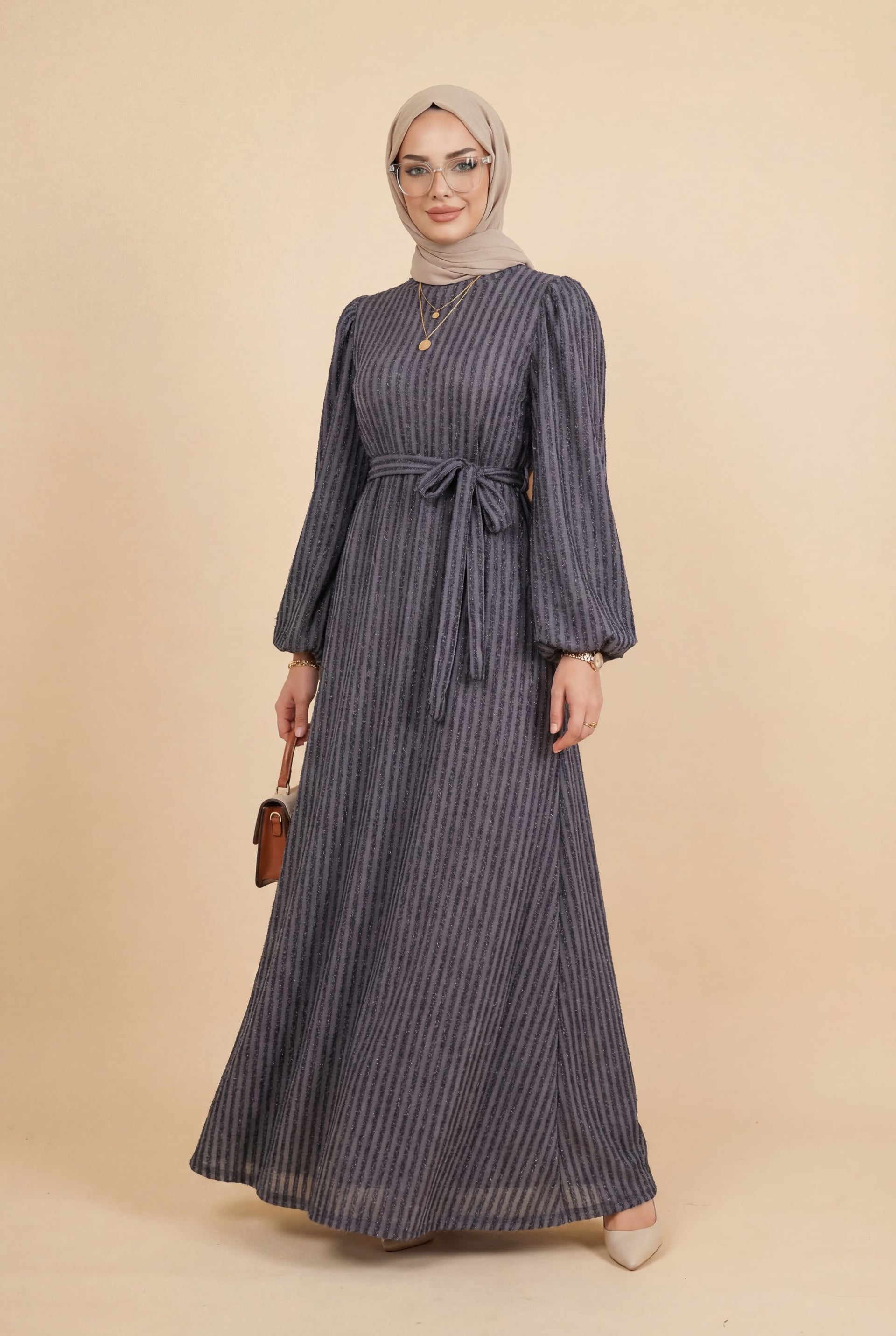 Women's Belted Dress with Sequined Stripes and Elasticated Cuffs - Grey - Podyumplus - by Peralane