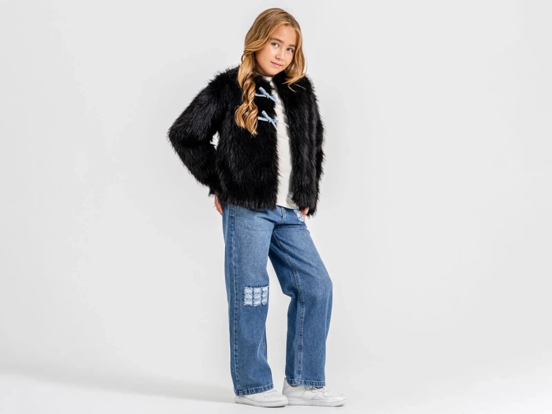 Girl's Faux Fur Jacket Set with Bow Details – Black - Ecolkiz - by Peralane