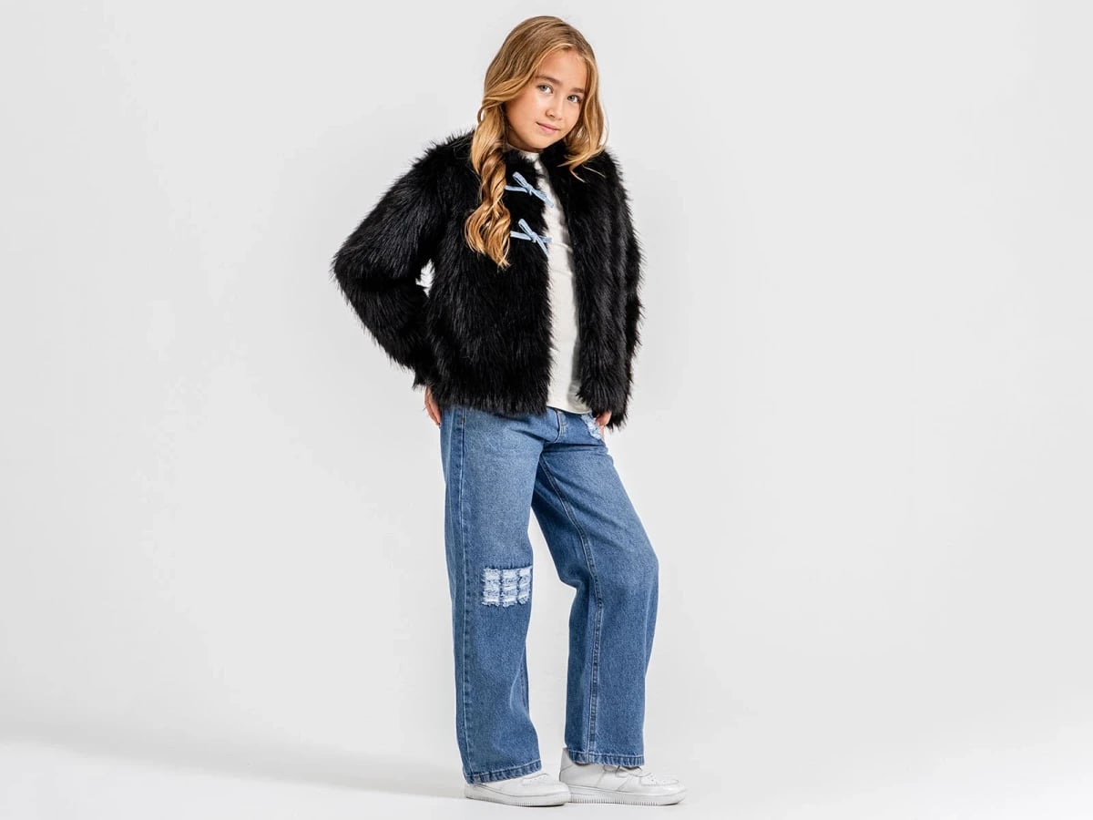 Girl's Faux Fur Jacket Set with Bow Details – Black - Ecolkiz - by Peralane