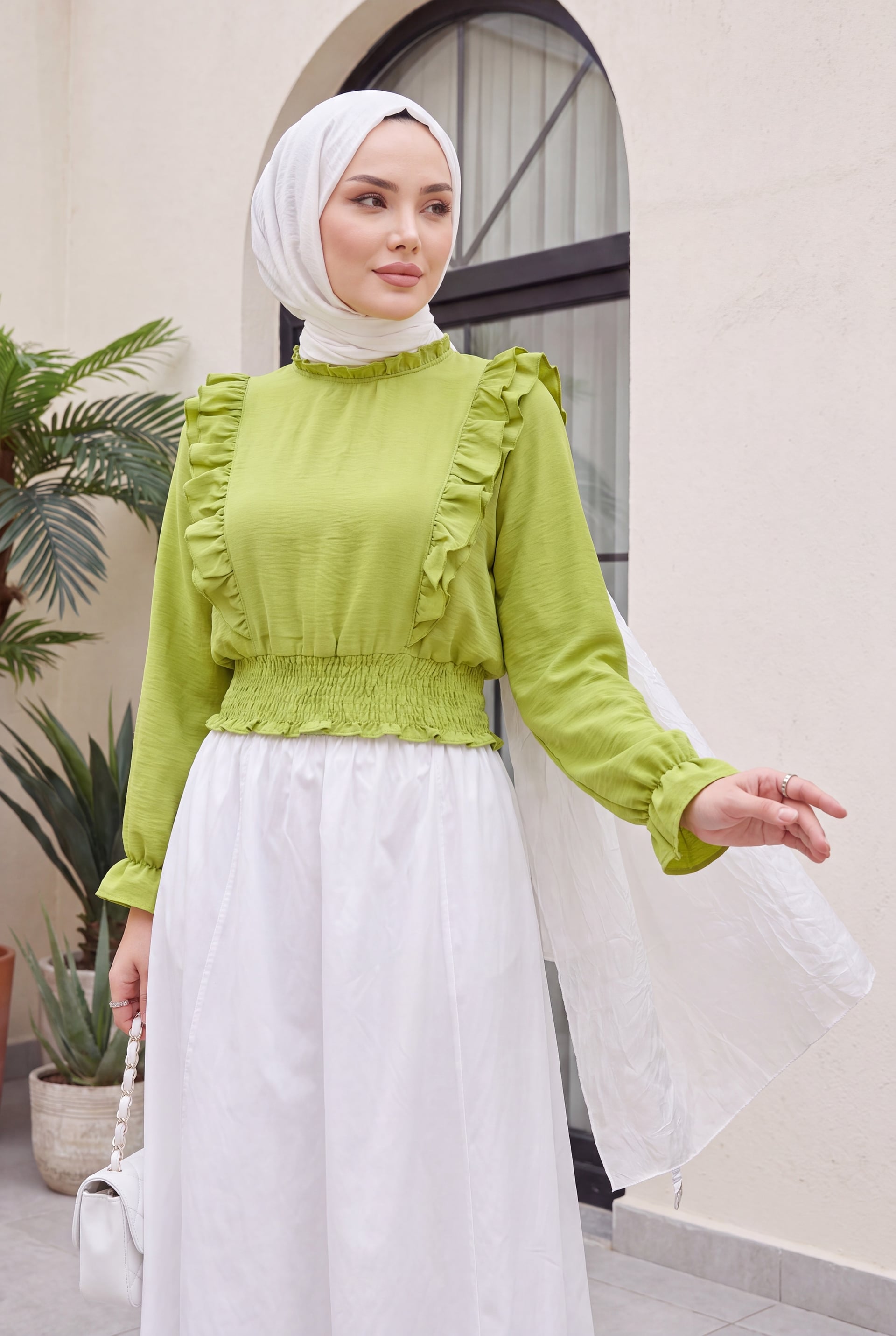Ruffle Yoke Smocked Waist Blouse - Pistachio Green - Podyumplus - by Peralane - photo 2