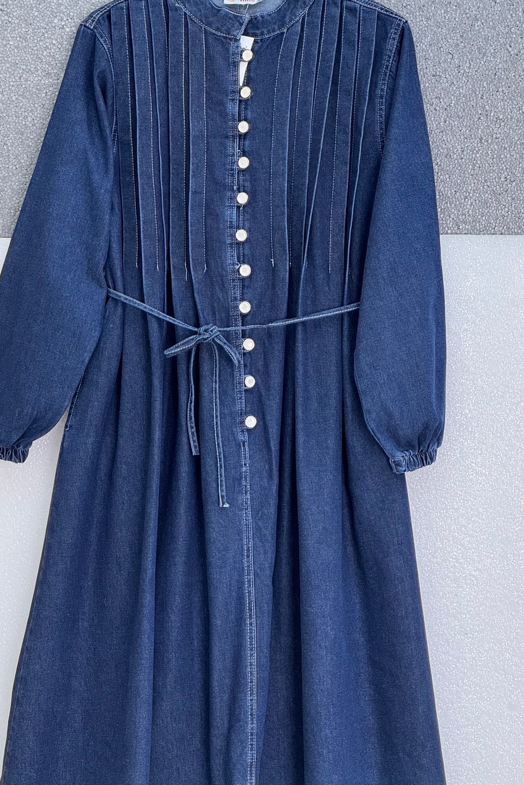 Half-Back Button Denim Dress with Tie Belt and Elastic Cuffs - Navy - Podyumplus - by Peralane - photo 7