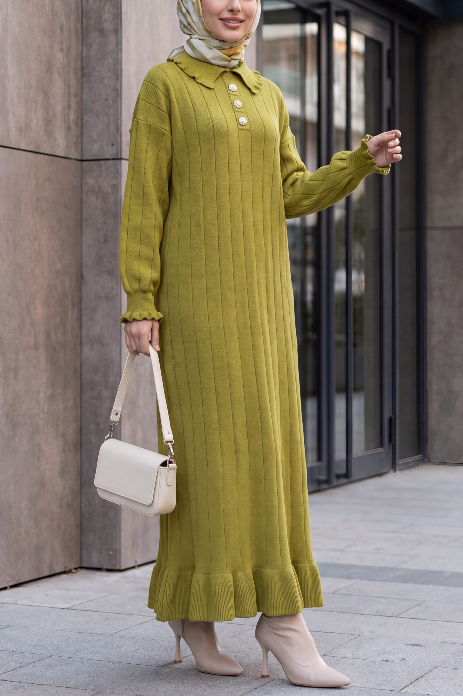 Ruffled Collar and Hem Button Detail Ribbed Knit Dress - Olive Green - Podyumplus - by Peralane