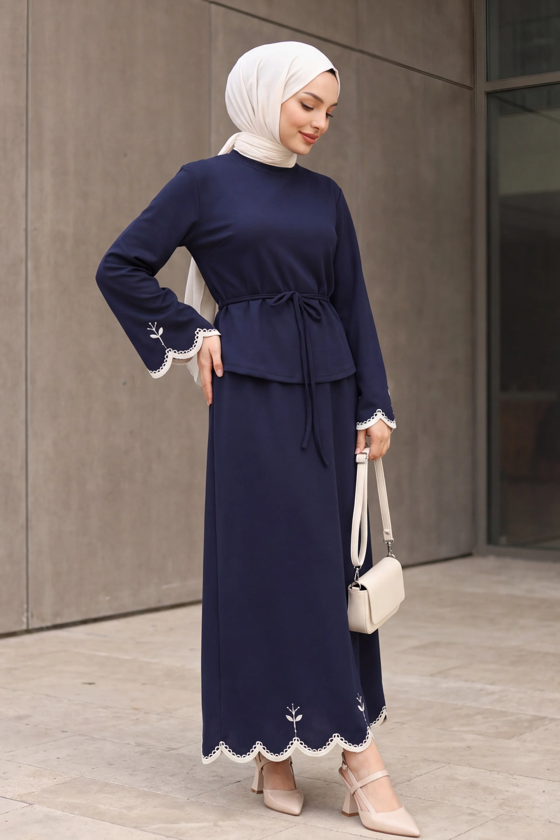 Navy Blue Embroidered Belted Two-Piece Set with Maxi Skirt - Podyumplus - by Peralane - photo 2