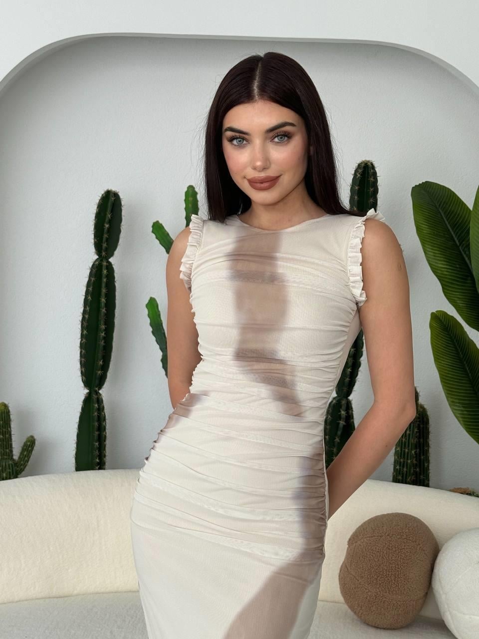 Beige Ruched Midi Dress with Sheer Mesh and Ruffled Cap Sleeves - Etika - by Peralane