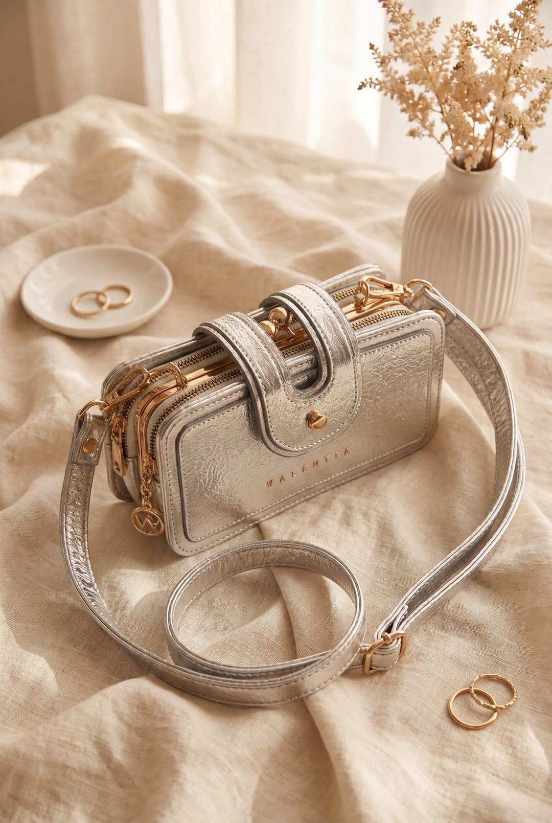 Silver Multi-Functional Handbag and Shoulder Bag with Gold-Tone Details - Podyumplus - by Peralane