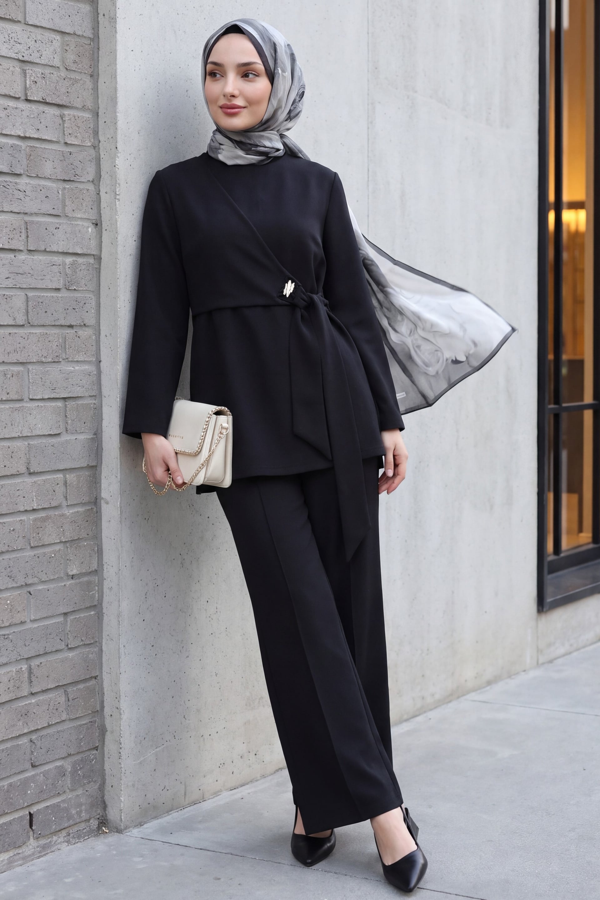 Black Scuba Wrap-Front Top and Wide-Leg Trousers Set - Podyumplus - by Peralane
