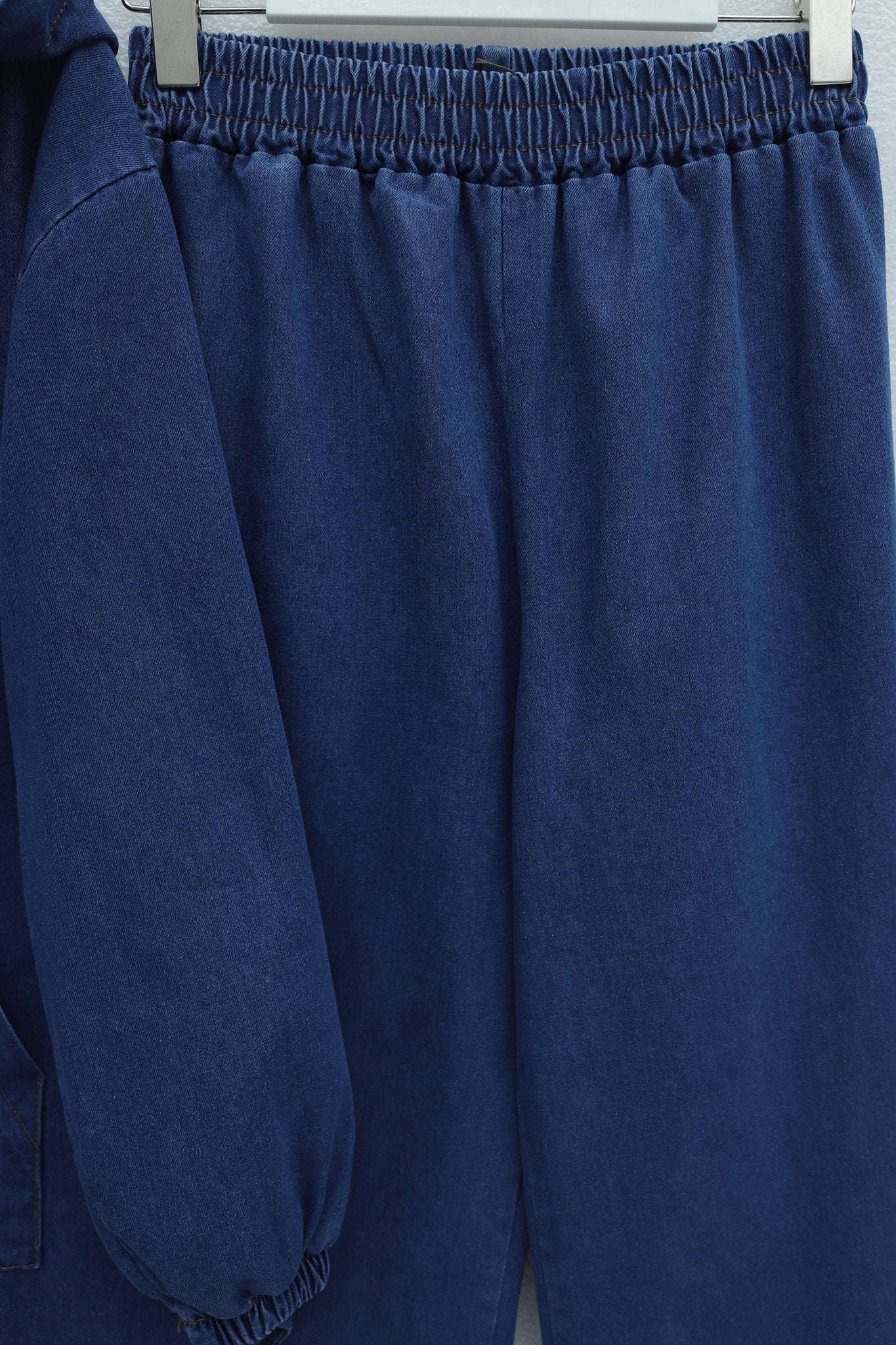 Hooded Half-Button Kangaroo Pocket Denim Set - Indigo - Podyumplus - by Peralane - photo 4
