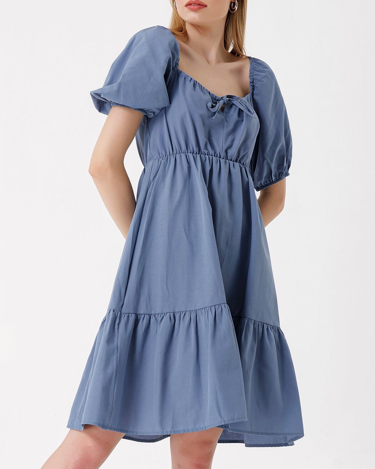 Indigo Flared Poplin Dress with Square Neckline and Puffed Sleeves - Wholeskop - by Peralane - photo 2