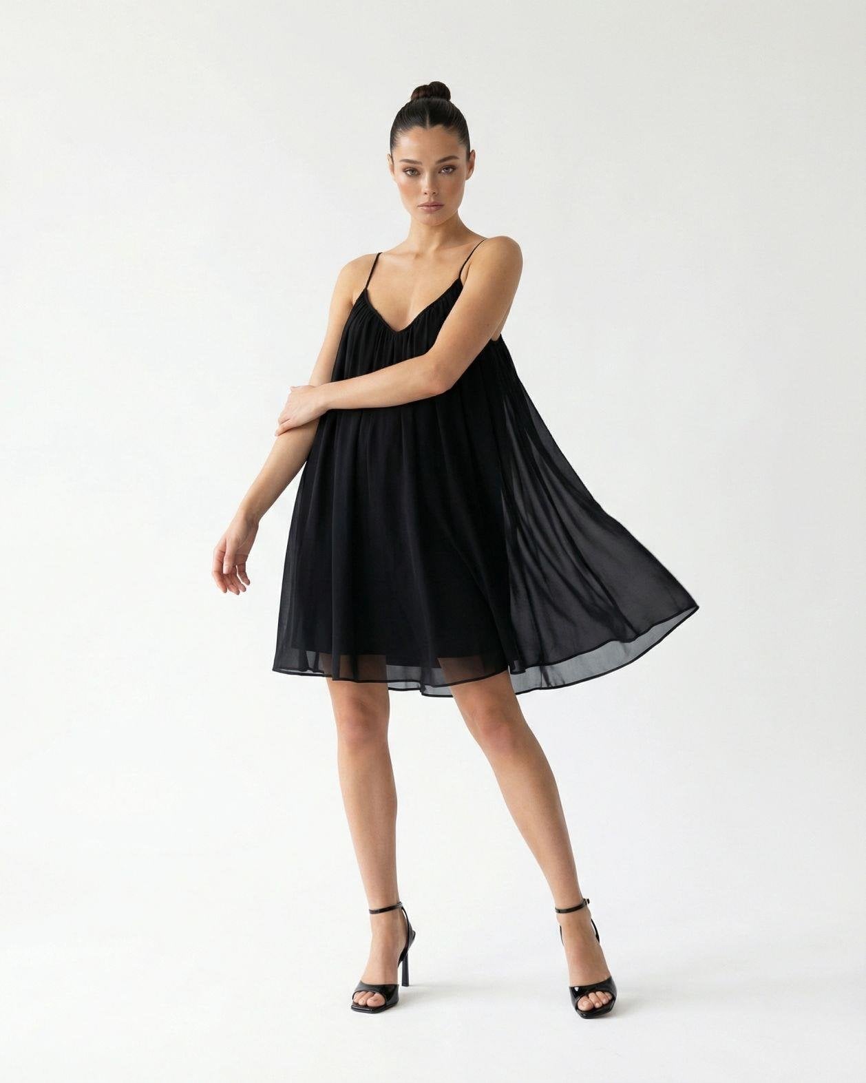 Black Flowing Evening Dress with Spaghetti Straps - Fame - by Peralane