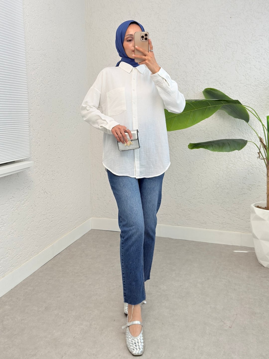 Single Pocket Buttoned Linen-Look Blouse - White - Podyumplus - by Peralane - photo 7