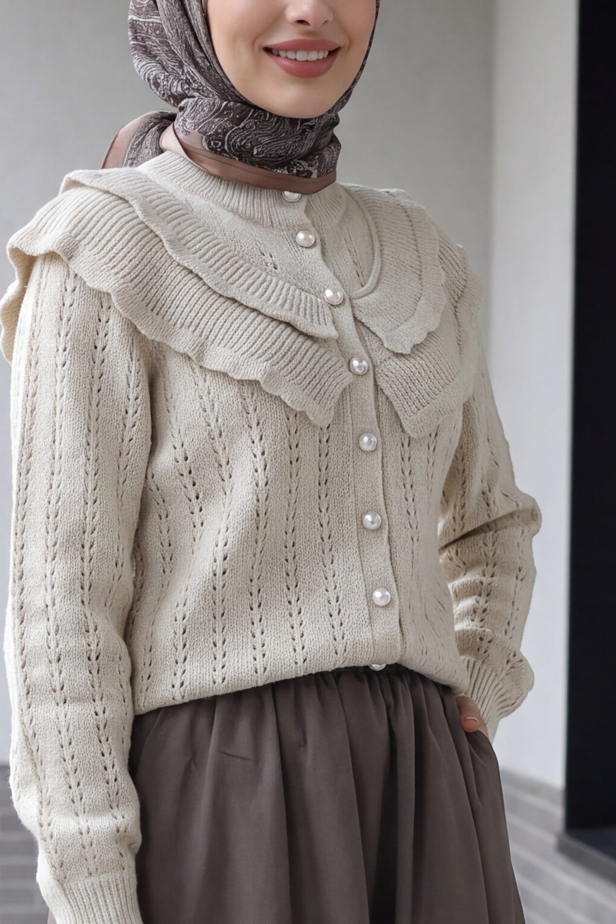 Stone Color Women's High Collar Ruffled Openwork Knit Cardigan - Podyumplus - by Peralane - photo 2