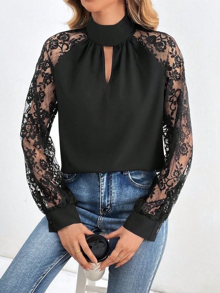 Women's Long Sleeve High Neck Keyhole Blouse with Lace Sleeves in Black - Janes - by Peralane - photo 2