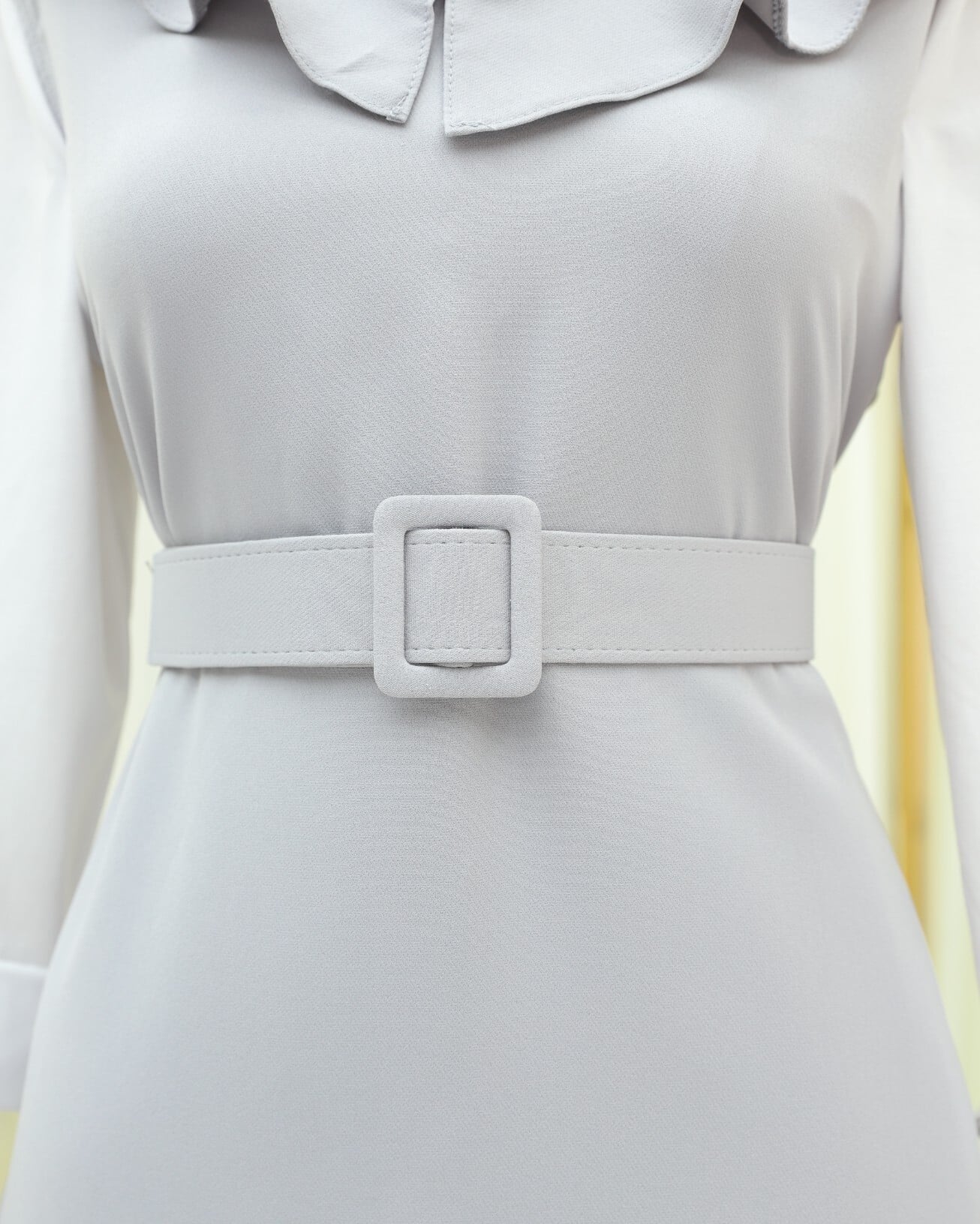 Women's V-Neck Belted Long Jile Dress with Ruffled Collar - Grey - Podyumplus - by Peralane - photo 7