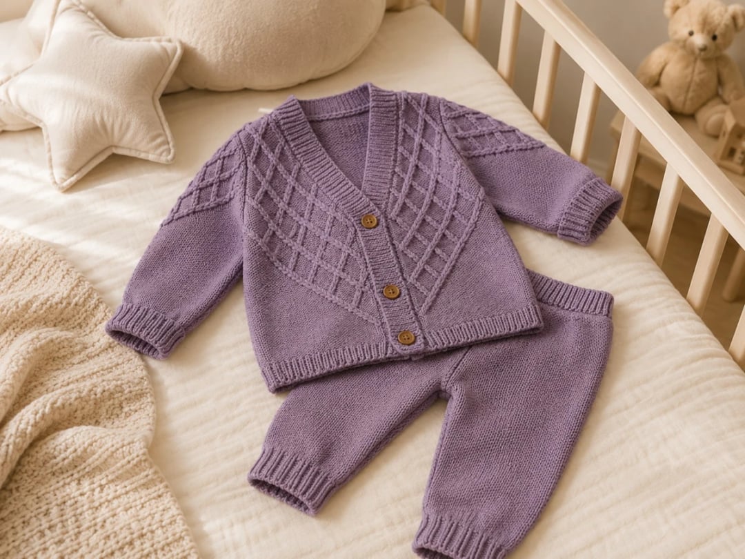 Knitted Baby Set - Cardigan and Trousers in Lavender - Has Bereket - by Peralane
