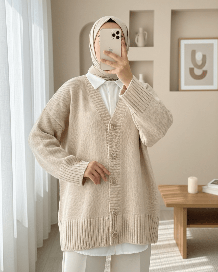 Buttoned Oversized Knit Cardigan - Beige - Podyumplus - by Peralane - photo 2