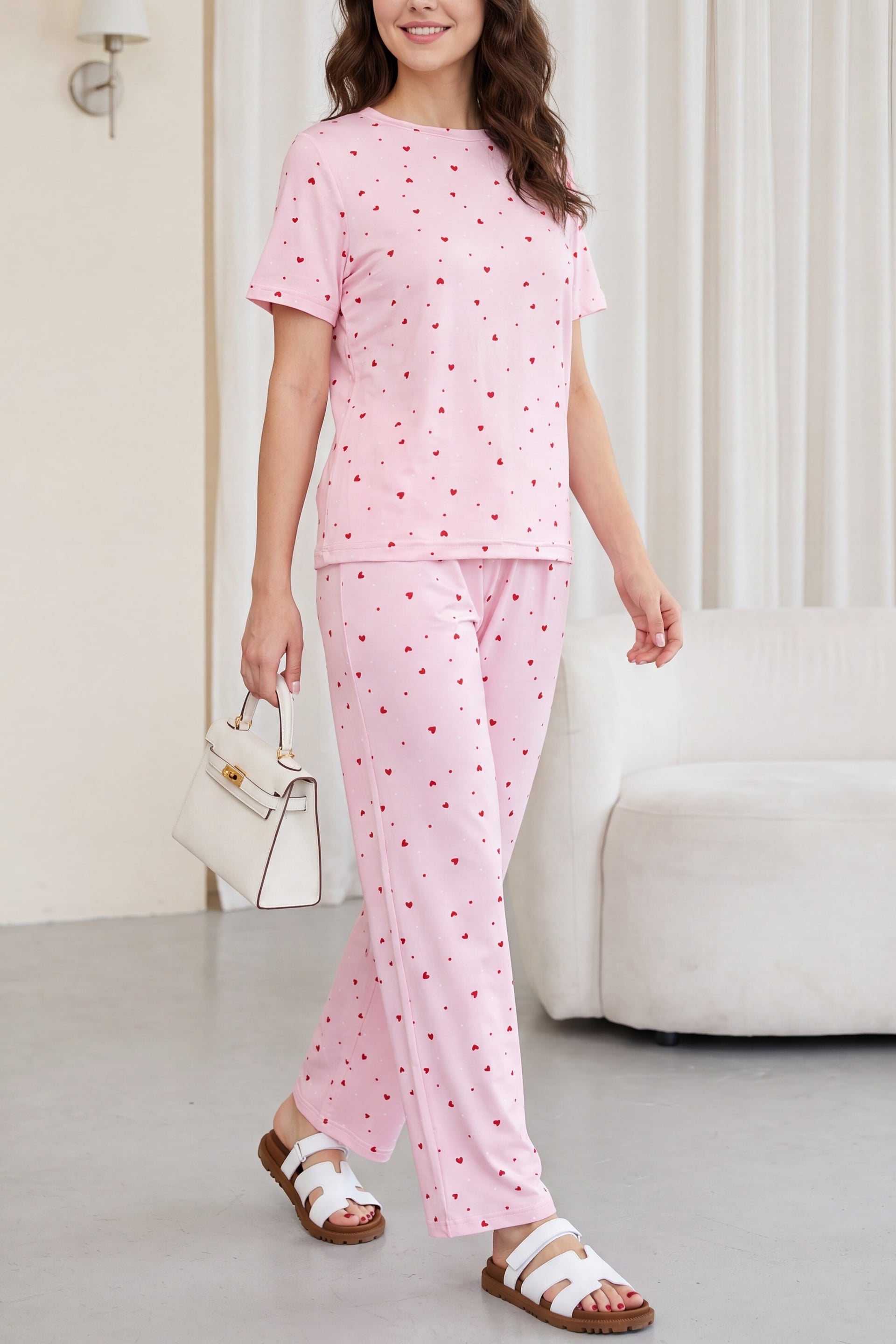 Heart Print Bicycle Neck Short Sleeve Jersey Pyjama Set - Pink - Podyumplus - by Peralane