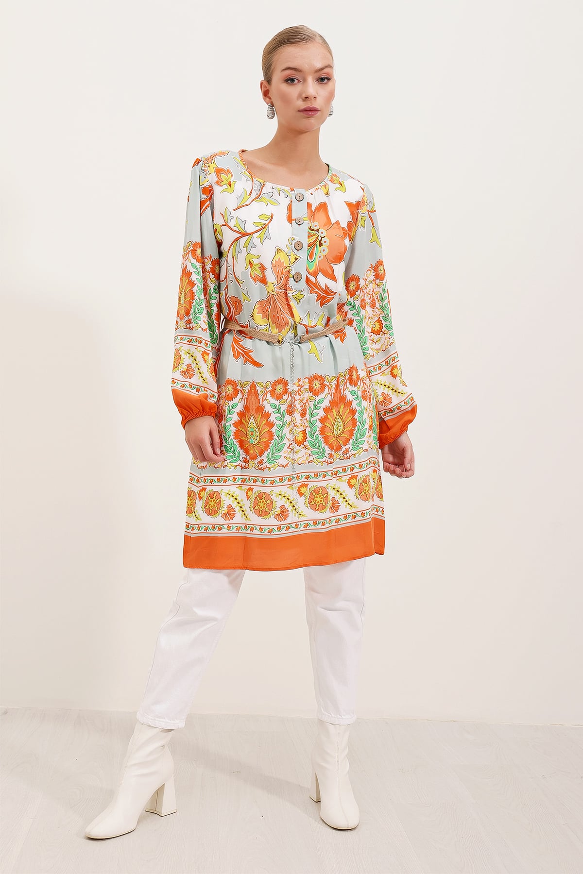 Belted Floral Print Long-Sleeve Dress in Orange - Bigdart - by Peralane - photo 2