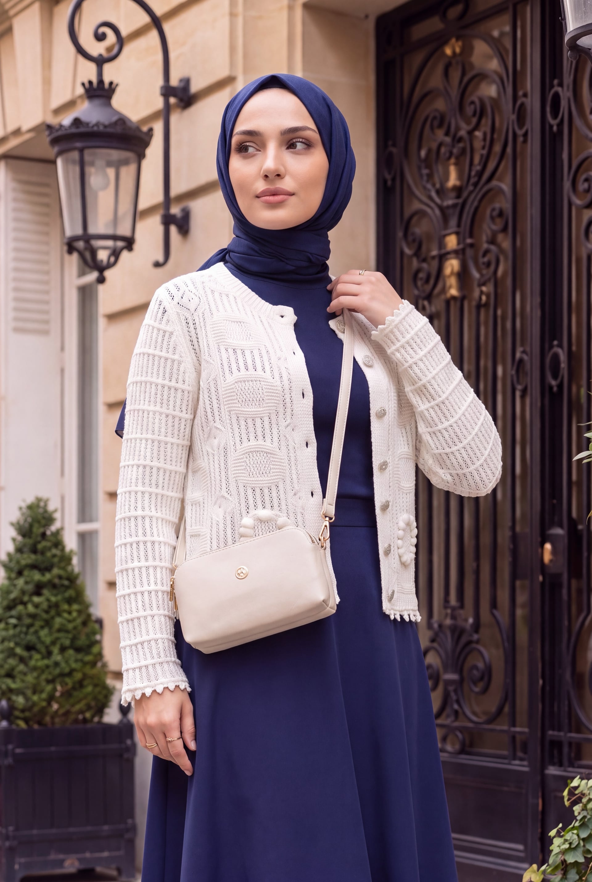 Oval Pattern Openwork Buttoned Knit Cardigan - Ecru - Podyumplus - by Peralane - photo 2