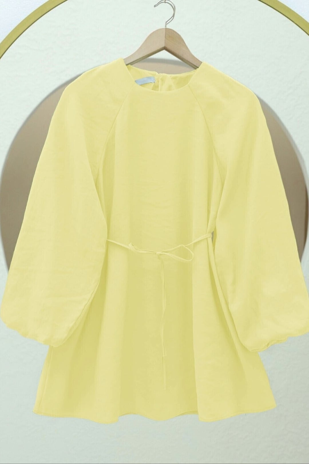 Round Neck Tie Waist Balloon Sleeve Tunic - Pale Yellow - Podyumplus - by Peralane - photo 5