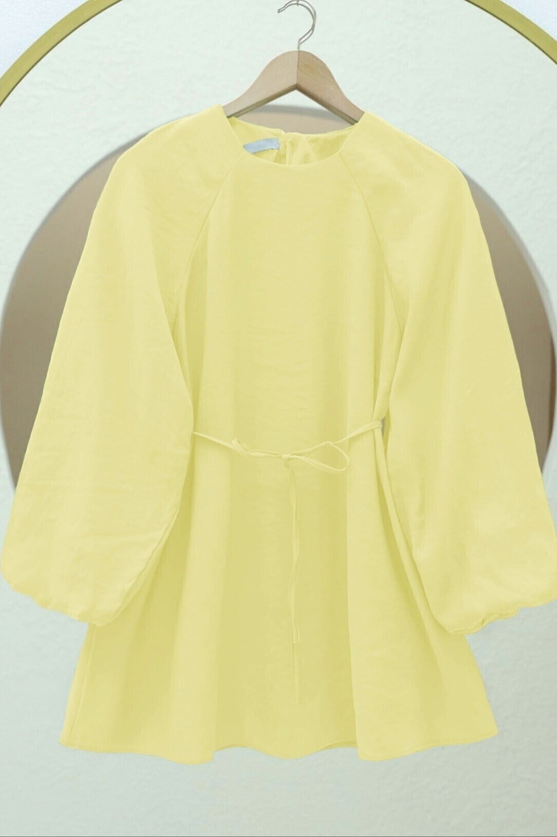 Round Neck Tie Waist Balloon Sleeve Tunic - Pale Yellow - Podyumplus - by Peralane - photo 5