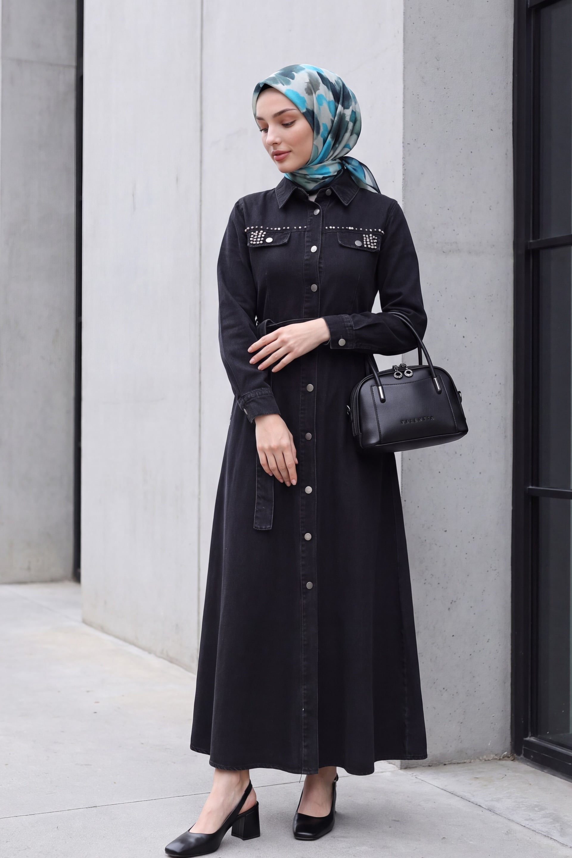 Black Denim Dress with Stone Details and Full-Length Button Front - Podyumplus - by Peralane - photo 3