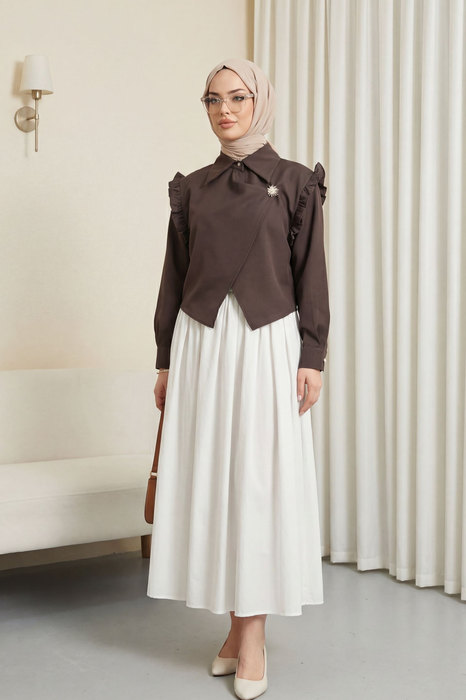 Ruffled Shoulder Wrap Crepe Blouse with Brooch - Brown - Podyumplus - by Peralane - photo 3