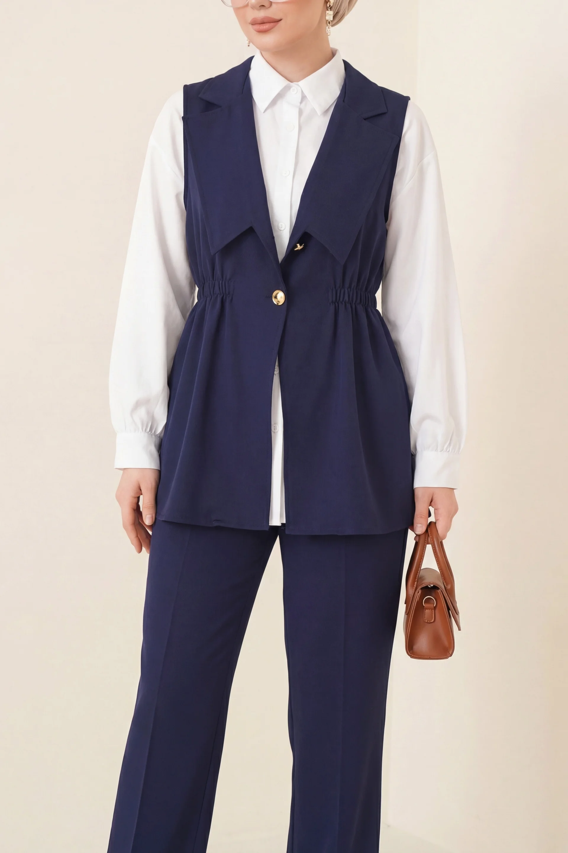 Cross-Collar Elasticated Waist Vest and Trousers Modal Set - Navy Blue - Podyumplus - by Peralane - photo 2