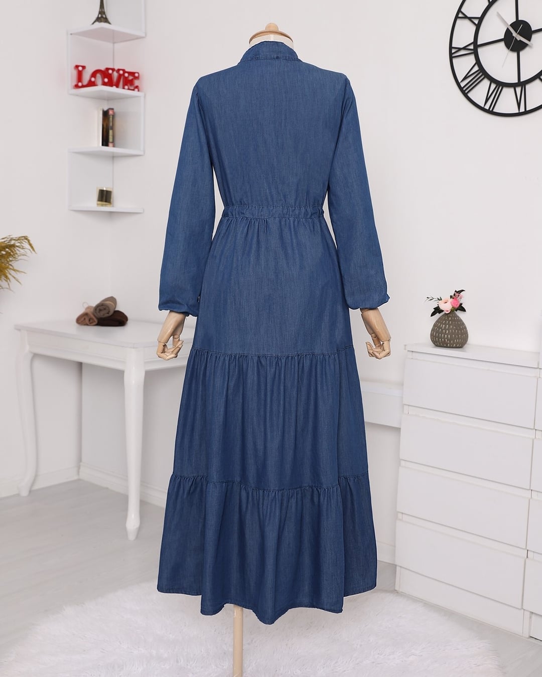 Half-Button Tiered Ruffle Denim Dress - Indigo - Podyumplus - by Peralane - photo 6