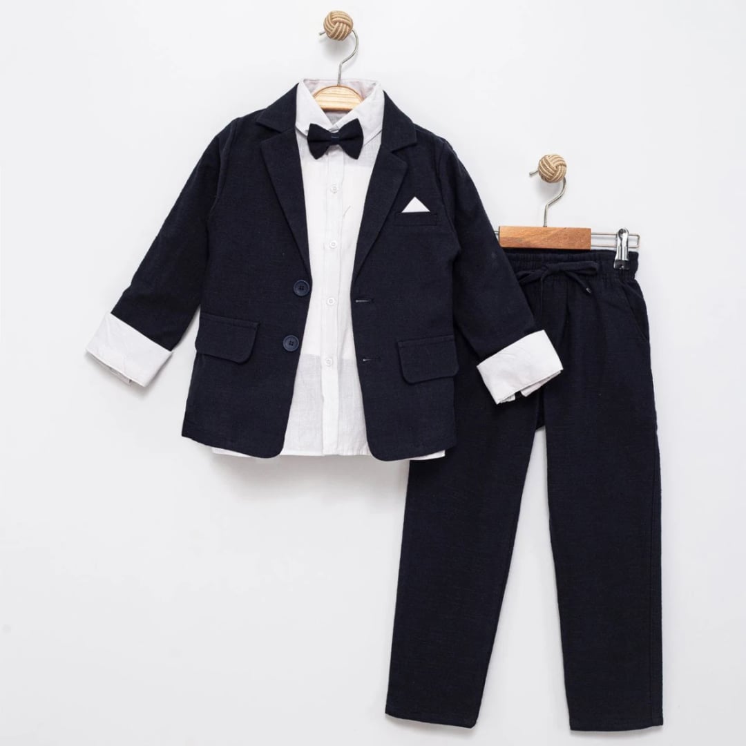 Linen Fabric Oversized Set with Jacket for Boys - Navy Blue - Terry - by Peralane