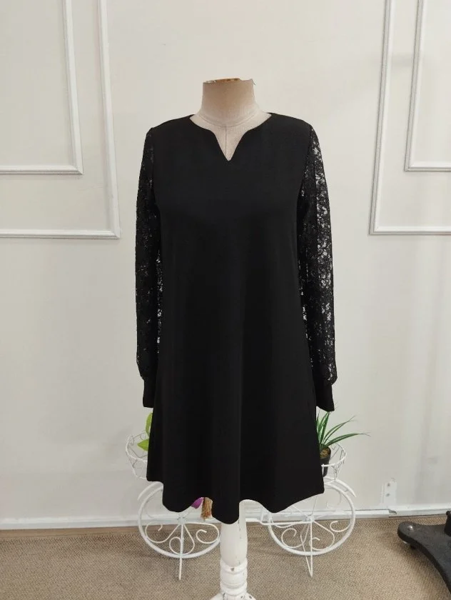 Women's Long Sleeve V-Neck Lace Detail Loose Short Crepe Dress - Janes - by Peralane - photo 5