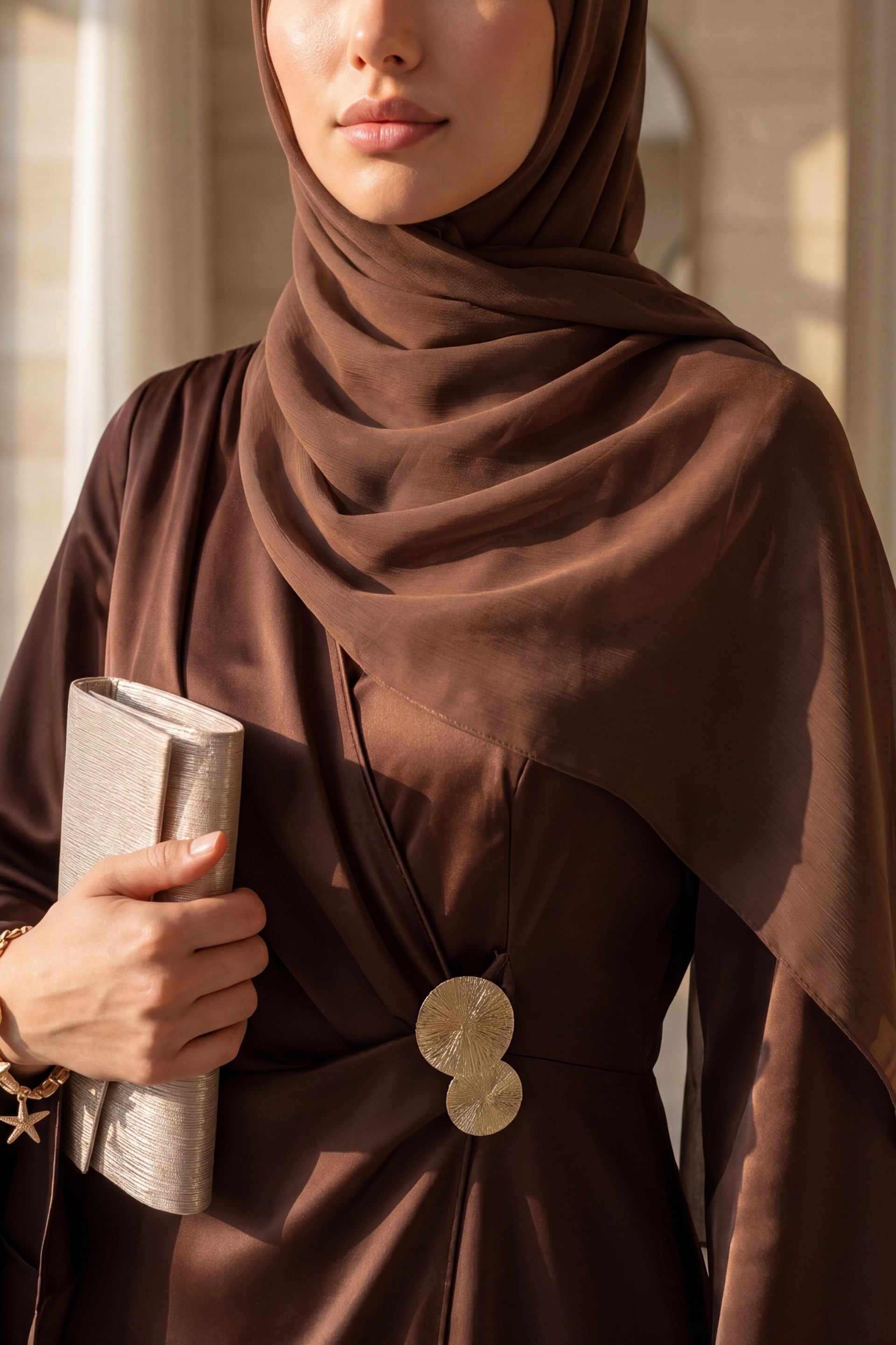 Buckle Detail Double Layer Front Asymmetric Sleeve Satin Evening Dress - Brown - Podyumplus - by Peralane - photo 11