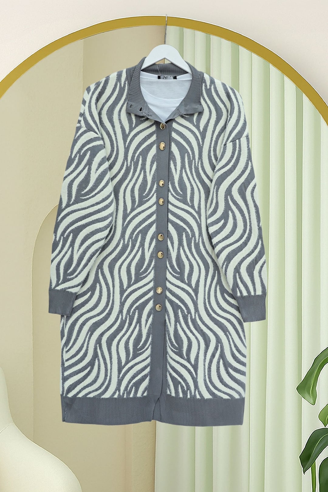 Buttoned Zebra Print Fringed Knit Cardigan - Grey - Podyumplus - by Peralane - photo 4