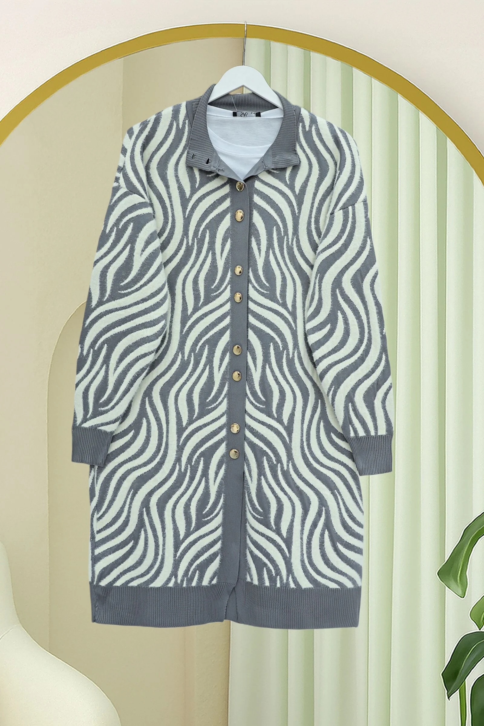 Buttoned Zebra Print Fringed Knit Cardigan - Grey - Podyumplus - by Peralane - photo 4