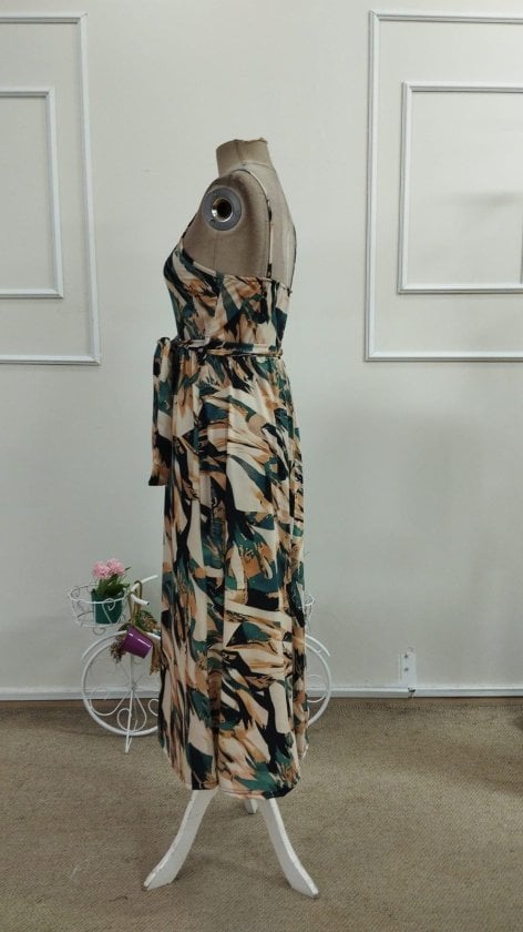 Women's V-Neck Spaghetti Strap Belted Long Dress with Abstract Print - Janes - by Peralane - photo 9
