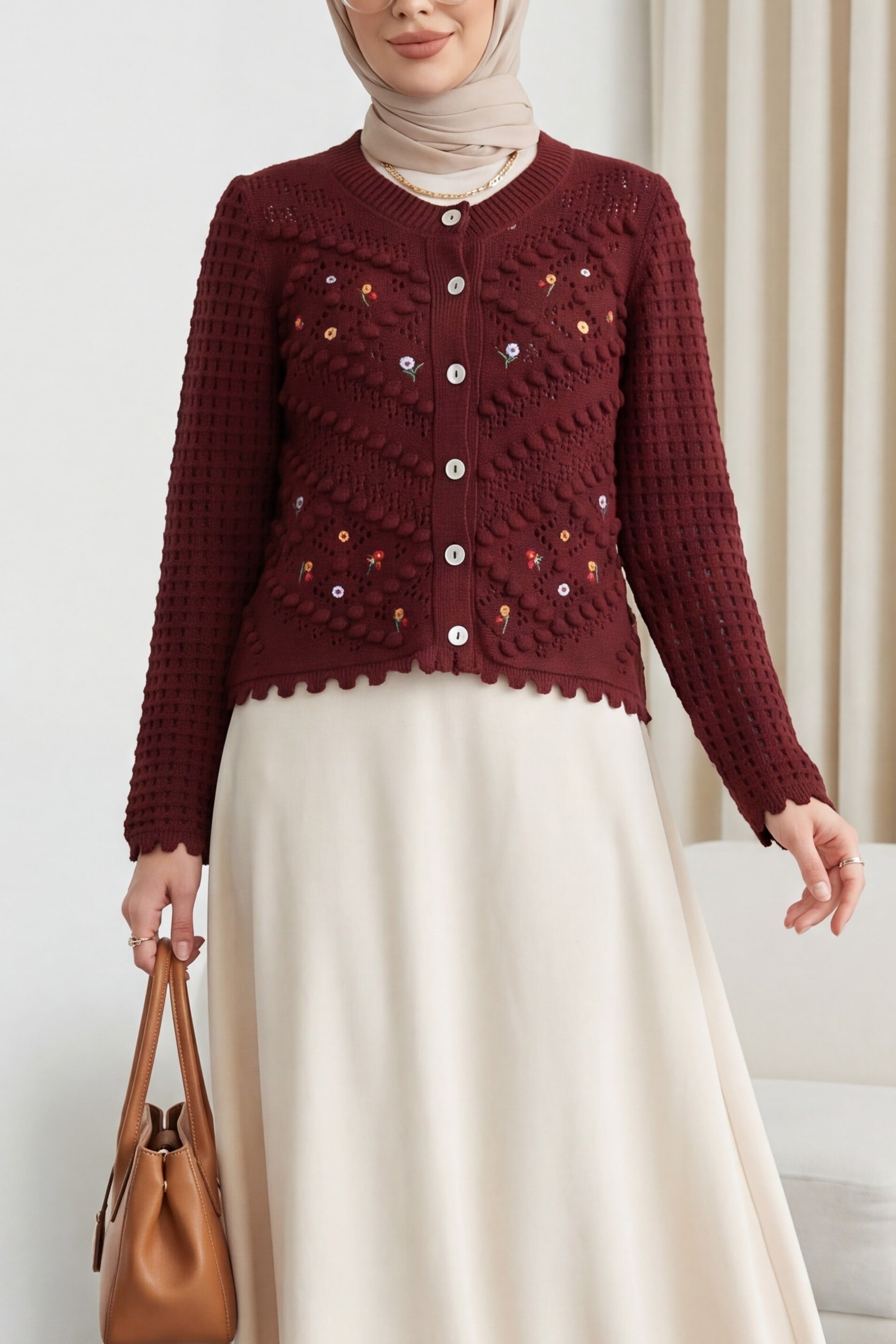 Women's Floral Embroidered Button-Front Cardigan - Burgundy - Podyumplus - by Peralane