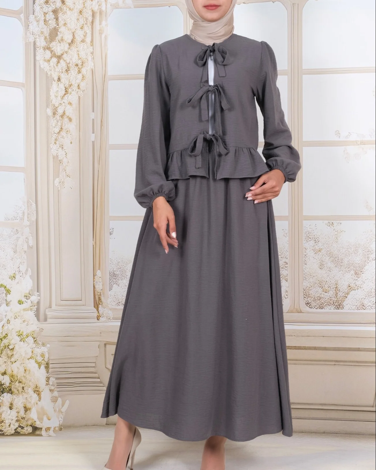 Front Lace-Up Long Sleeve Top and Skirt Set - Dark Grey - Podyumplus - by Peralane - photo 3